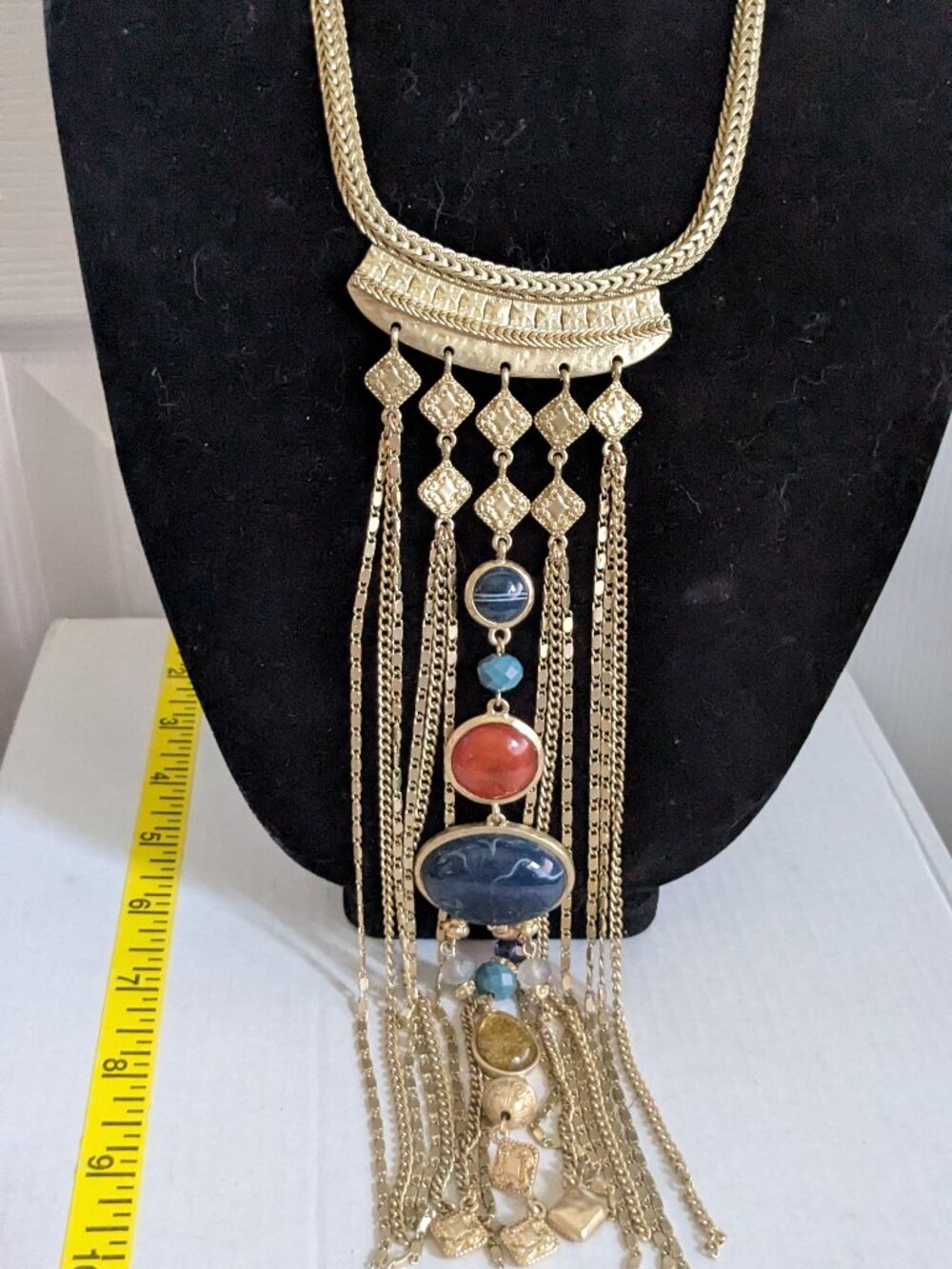 Stunning CHICO'S Egyptian Revival Gold Tone Cabochon Tassel Statement Necklace
